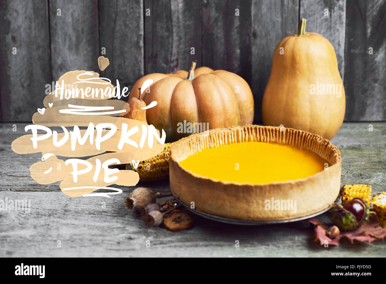 Frische und leckere hausgemachte Pumpkin Pie mit Herbst Dekoration über Holz- Hintergrund Stockfoto