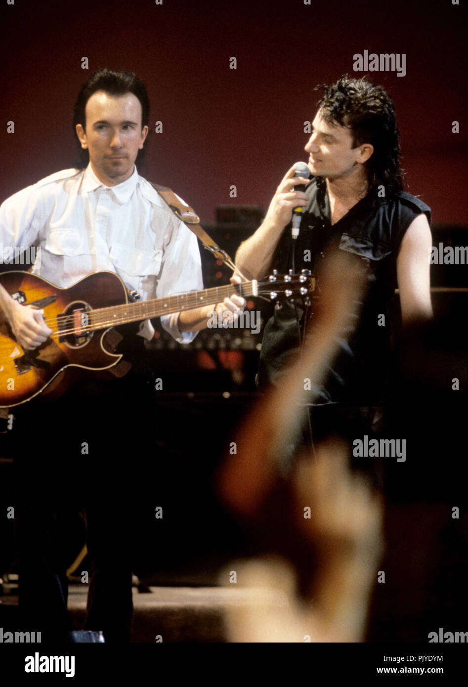 V.l. Die Kante (David Howell Evans), Bono (Paul David Hewson) (U2) am 21.11.1984 in Dortmund. | Verwendung weltweit Stockfoto