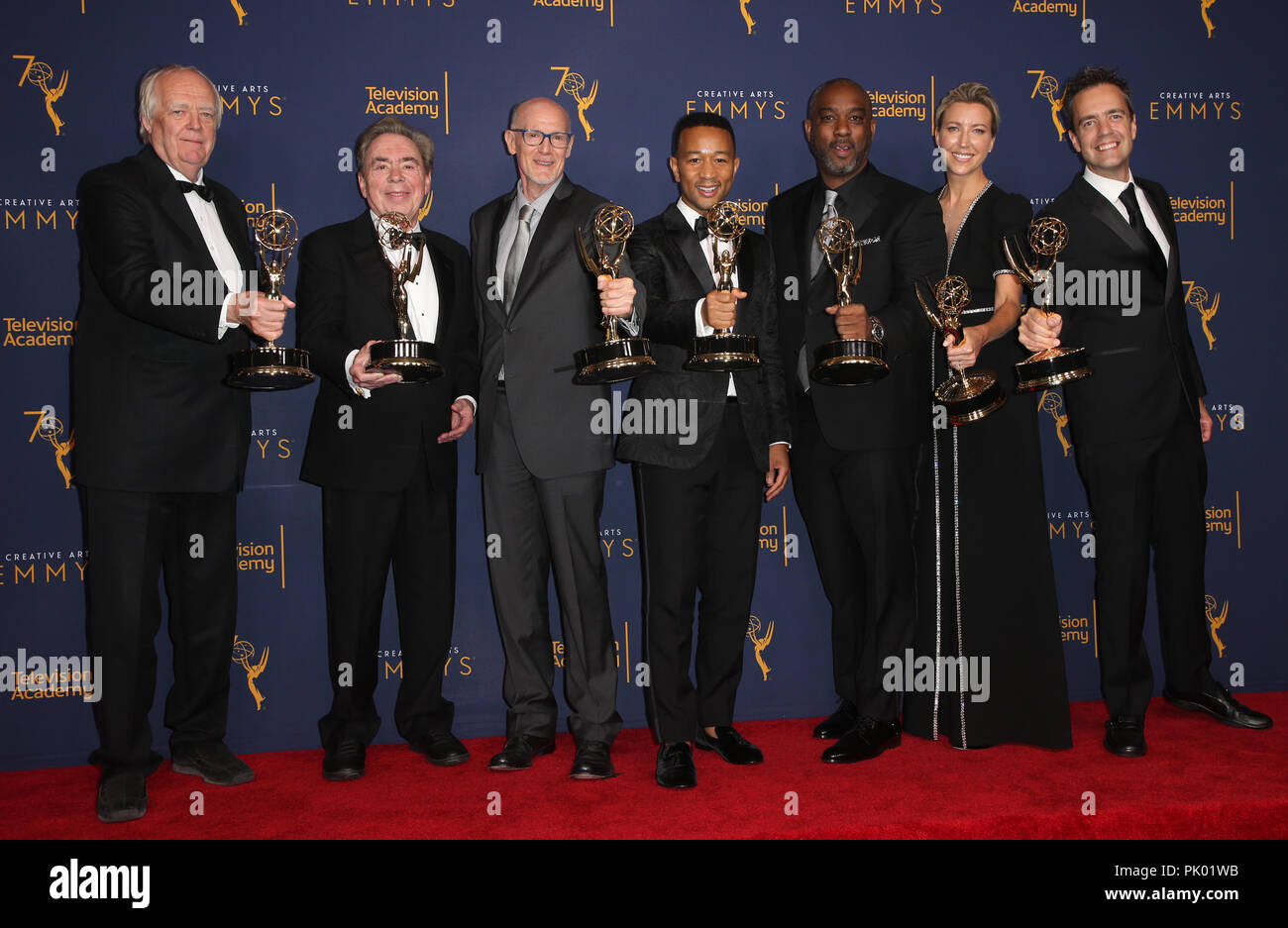 Los Angeles, Ca, USA. 9 Sep, 2018. Tim Rice, Sir Andrew Lloyd Webber, Neil Meron, John Legend, Mike Jackson, Ty Stiklorius, Alex Rudzinski, Javier Winnik, im Creative Arts Emmy Awards 2018 Presse - Tag 2 auf der Microsoft Theatre L.A. Leben in Los Angeles, Kalifornien am 9. September 2018. Credit: Faye Sadou/Medien Punch/Alamy leben Nachrichten Stockfoto