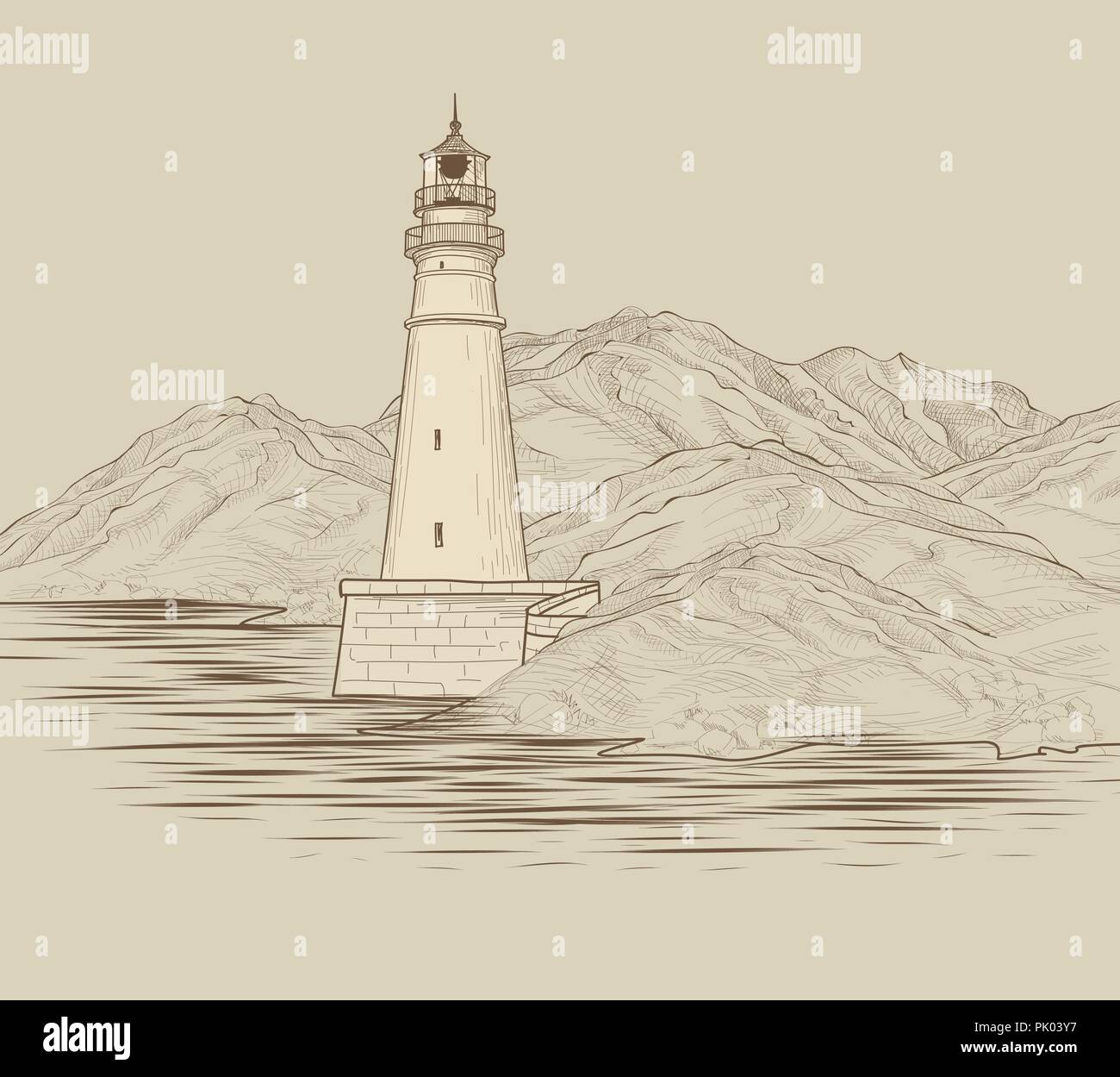 Leuchtturm Am Meer Hand Gezeichnet Meereslandschaft Mit Rundumleuchte Landschaft Skizze Mit Lighthouse Tower Das Meer Und Die Berge Stock Vektorgrafik Alamy