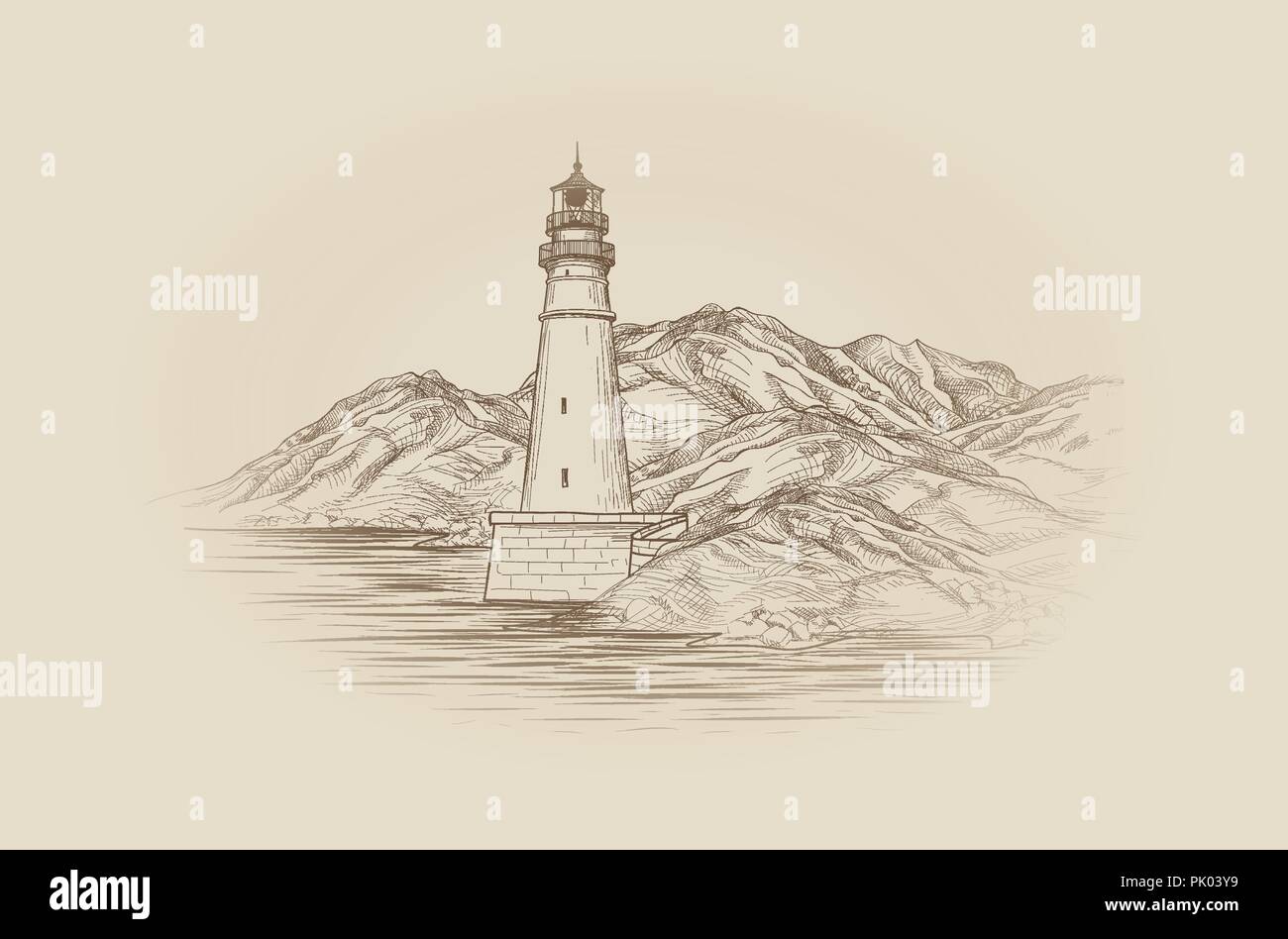 Leuchtturm am Meer. Hand gezeichnet Meereslandschaft mit Rundumleuchte. Landschaft Skizze mit Lighthouse Tower, das Meer und die Berge Stock Vektor