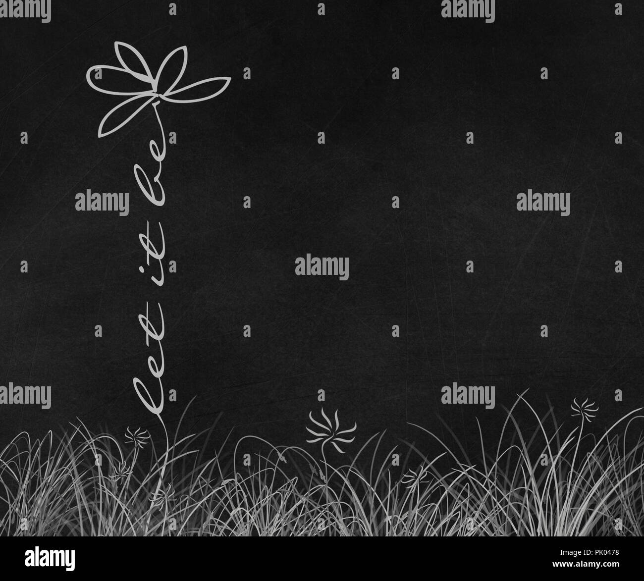 Daisy Flower Abbildung mit Let it be Phrase Stem im Gras auf schwarz Schwarzes Brett Stockfoto