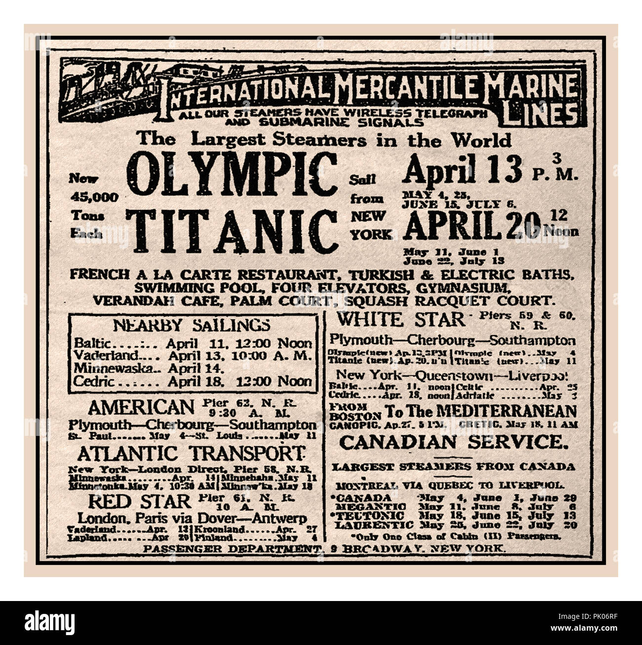 TITANIC 1912 RMS TITANIC Zeitungsanzeige in der New York Times für die erste Jungfernfahrt der Titanic, die am 20. April 1912 mittags von New York nach Europa abfährt, nach Osten. Diese planmäßige Segeltour fand leider nicht statt. Die Titanic wurde am 15. April 1912 auf tragische Weise verloren Stockfoto