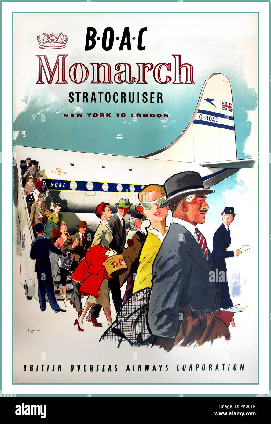 50er Vintage Travel Fliegen BOAC Werbung für den Monarchen Propeller Stratocruiser Boeing 377 Flugzeugen. Mit Luxushotels die Reisenden aussteigen die Neue York-London Flug Stockfoto