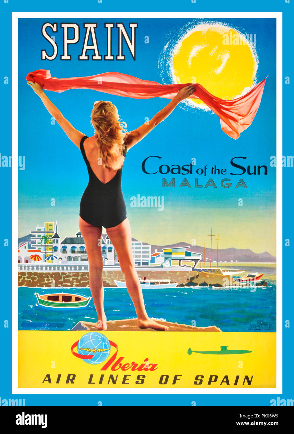 60er Vintage Spanisch Urlaub Travel Poster Spanien Malaga Iberia Airlines Original Vintage Spanisch Reise Poster Werbung Malaga Kuste Der Sonne Durch Iberia Air Lines Von Spanien Poster Gestalten Frau In
