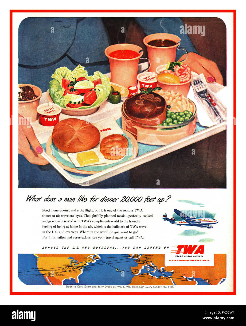 Vintage Airline Food Werbung für TWA Mahlzeiten Aviation Airline catering In-flight 1951 Mahlzeit essen Fach "Was macht ein Mann wie zum Abendessen 20.000 Fuß?" Stockfoto