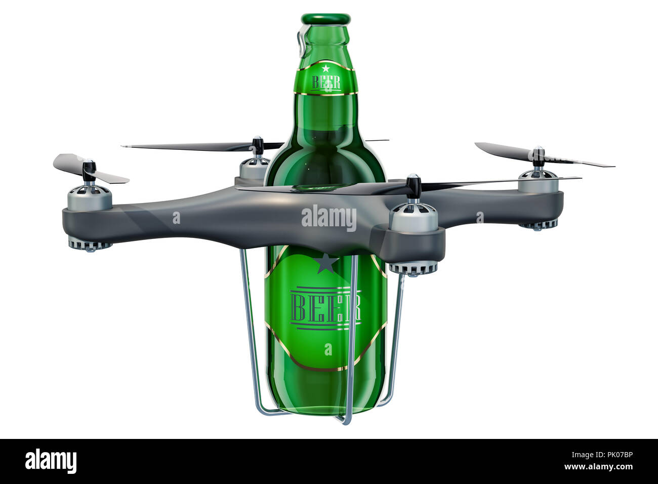Lieferung drone mit Bierflasche, 3D-Rendering auf weißem Hintergrund Stockfoto
