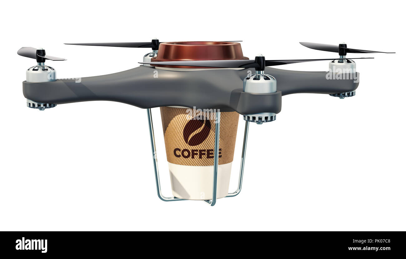 Lieferung drone mit Tasse Kaffee, 3D-Rendering auf weißem Hintergrund Stockfoto
