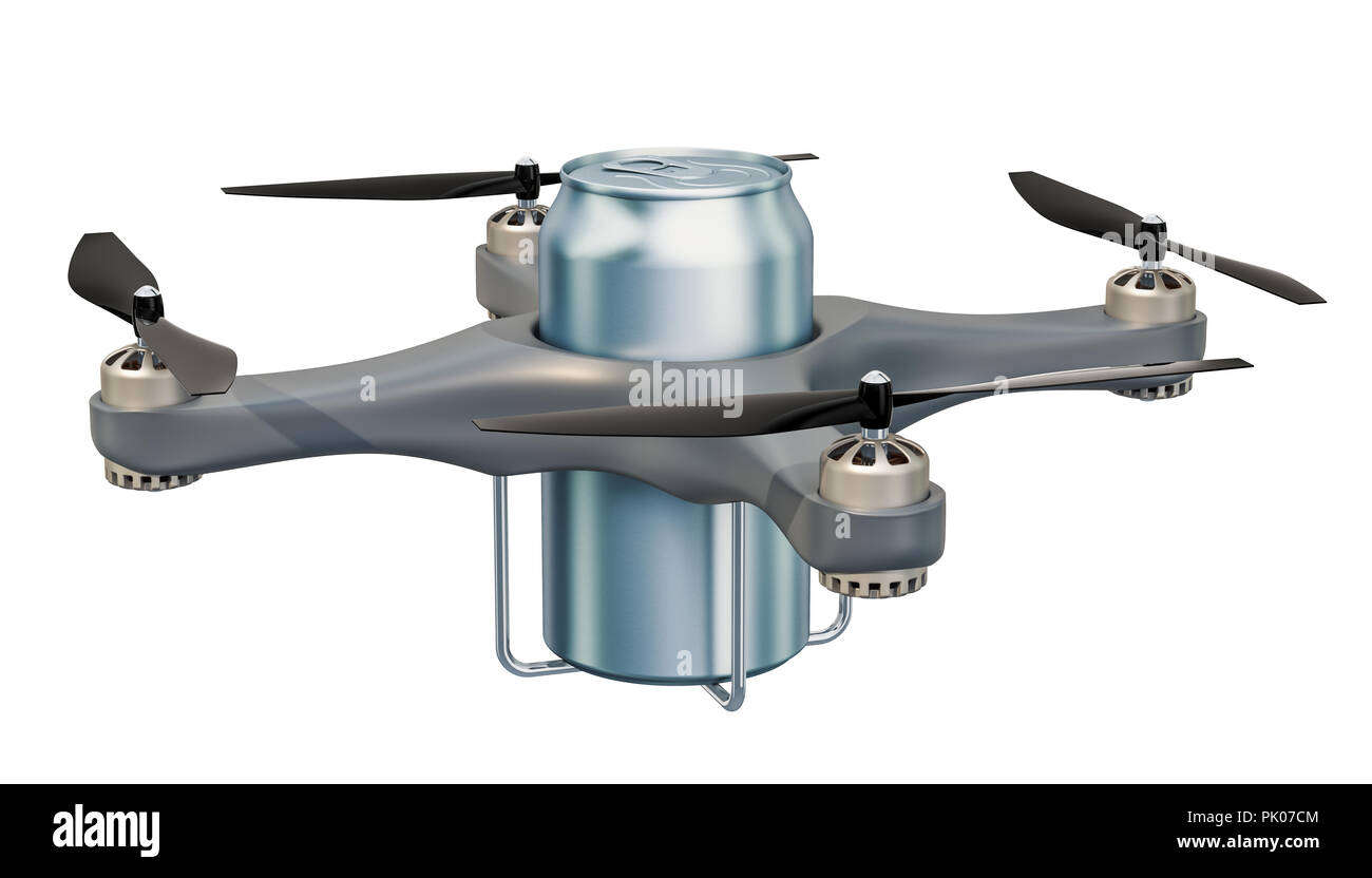Lieferung drone mit Getränk, Metallgehäuse, 3D-Rendering auf weißem Hintergrund Stockfoto
