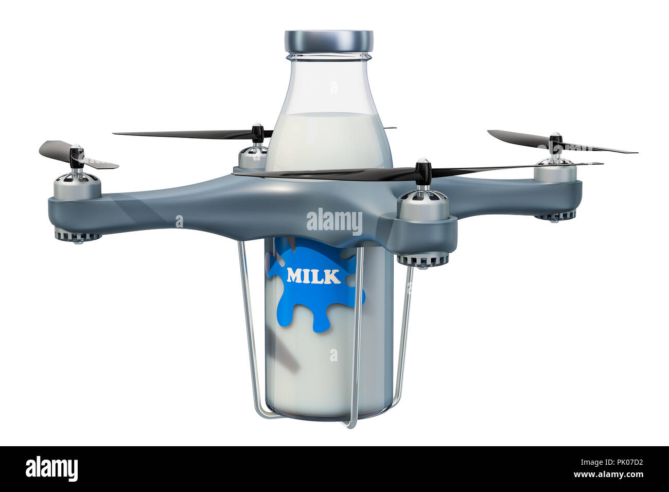 Lieferung drone mit Milchflasche, 3D-Rendering auf weißem Hintergrund Stockfoto