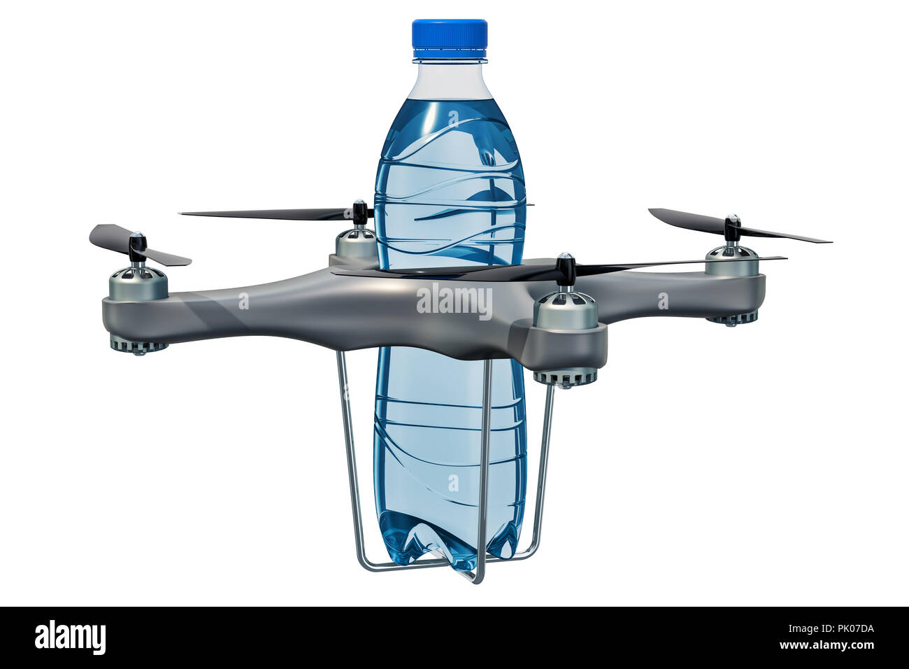 Lieferung drone mit Wasserflasche, 3D-Rendering auf weißem Hintergrund Stockfoto