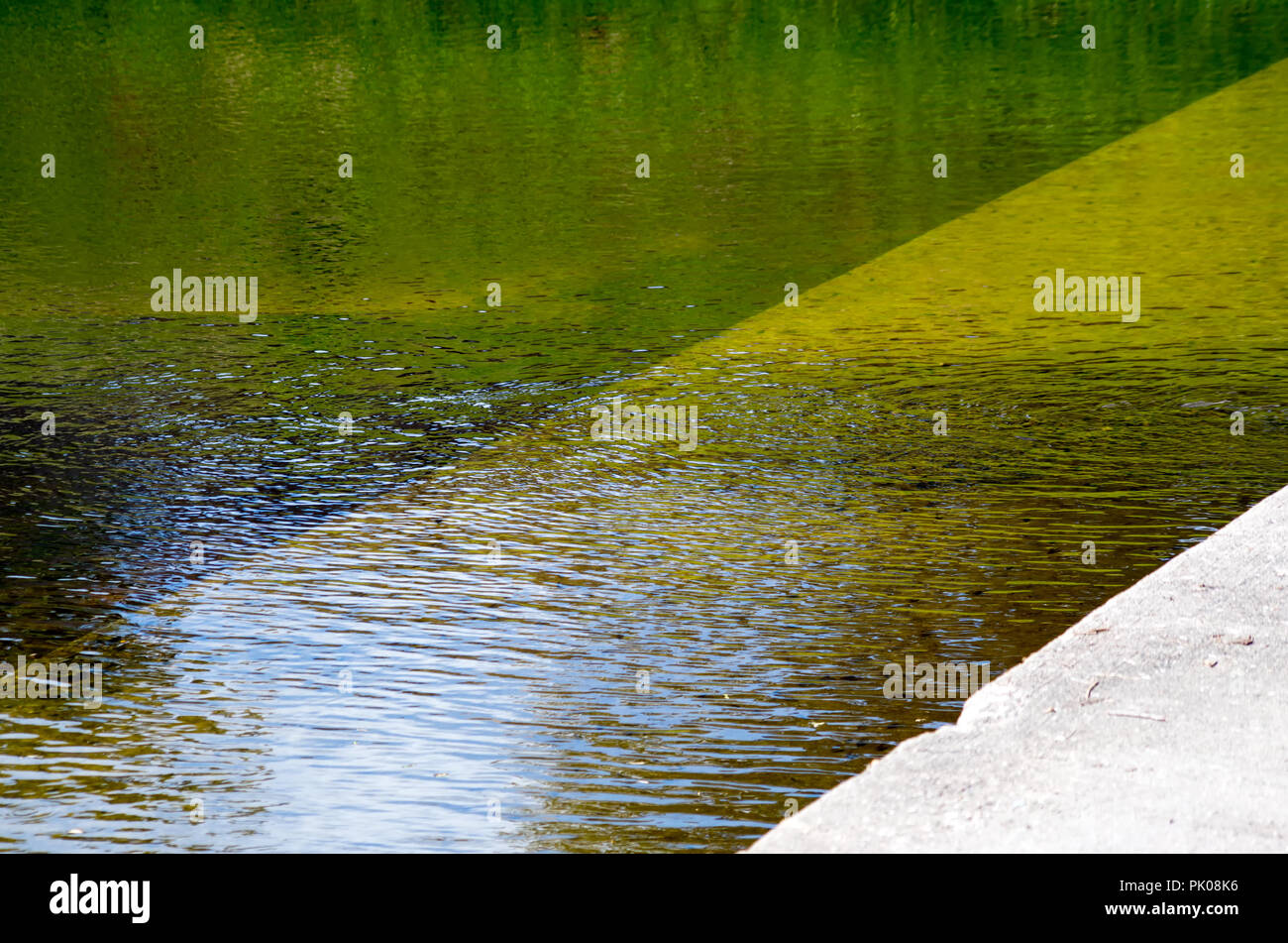 Grün, Gold und Gelb Farben in die wellige Oberfläche eines Körpers aus Wasser, Hintergrund reflektiert, drei. Stockfoto