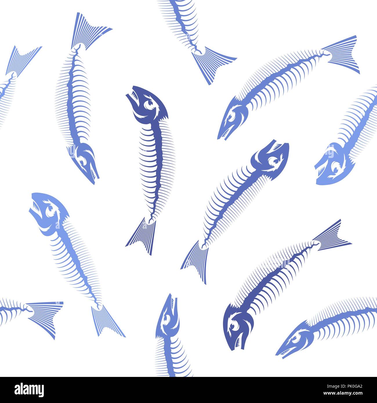 Blue Fish Bone Skelett nahtlose Muster. Meer Fische Symbole. Stock Vektor