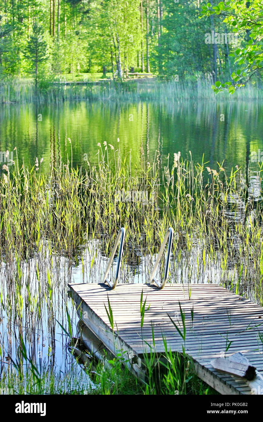 Holzterrasse an der Seite eines Sees mit Wäldern Stockfoto