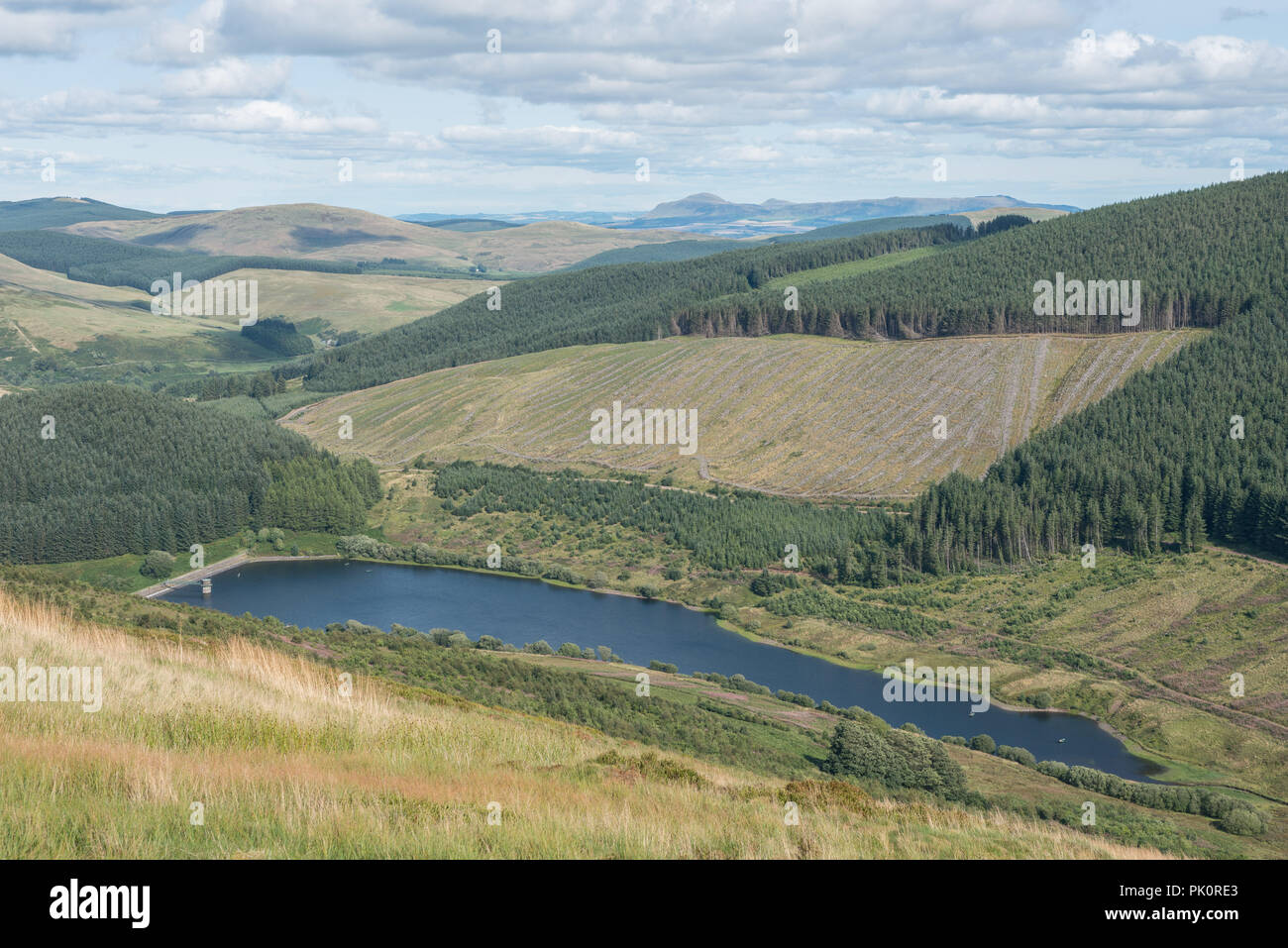 Glen Sherup Behälter gesehen von Ben Shee auf Glen Sherup Woodland Trust finden, Perth und Kinross, Schottland. Stockfoto