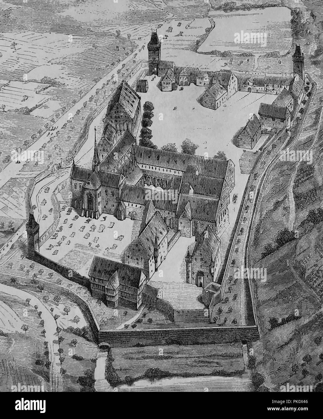 Das Kloster Maulbronn. Römisch-katholische Zisterzienserabtei. Deutschland. Kloster Modell des Mittelalters. Germania, 1882. Stockfoto