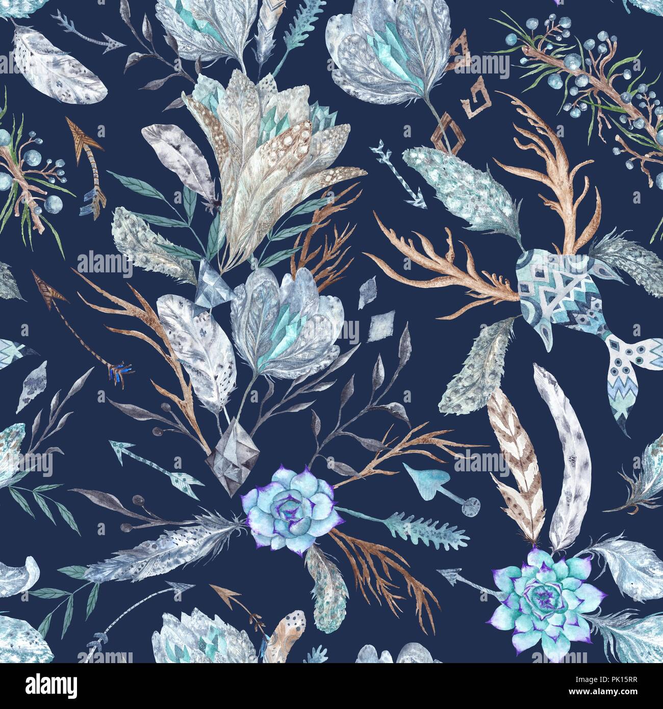 Nahtlose Textur mit Federn, Blumen und Kristalle isoliert auf dunkelblauem Hintergrund für Textil-und Tapete Stockfoto