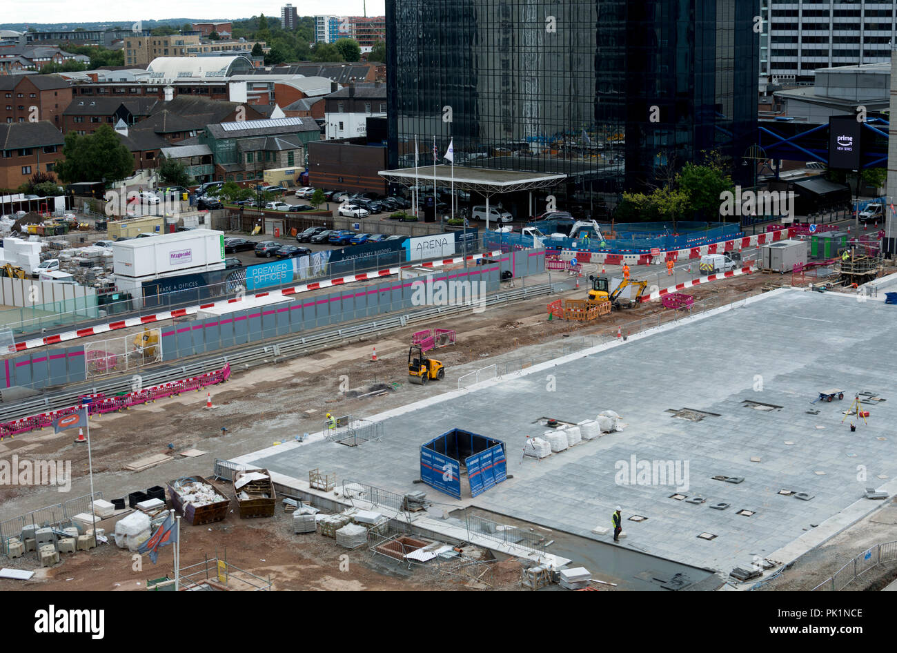 Ein Blick auf die Broad Street und Centenary Square während des Paradise Circus Sanierung, Birmingham, Großbritannien Stockfoto