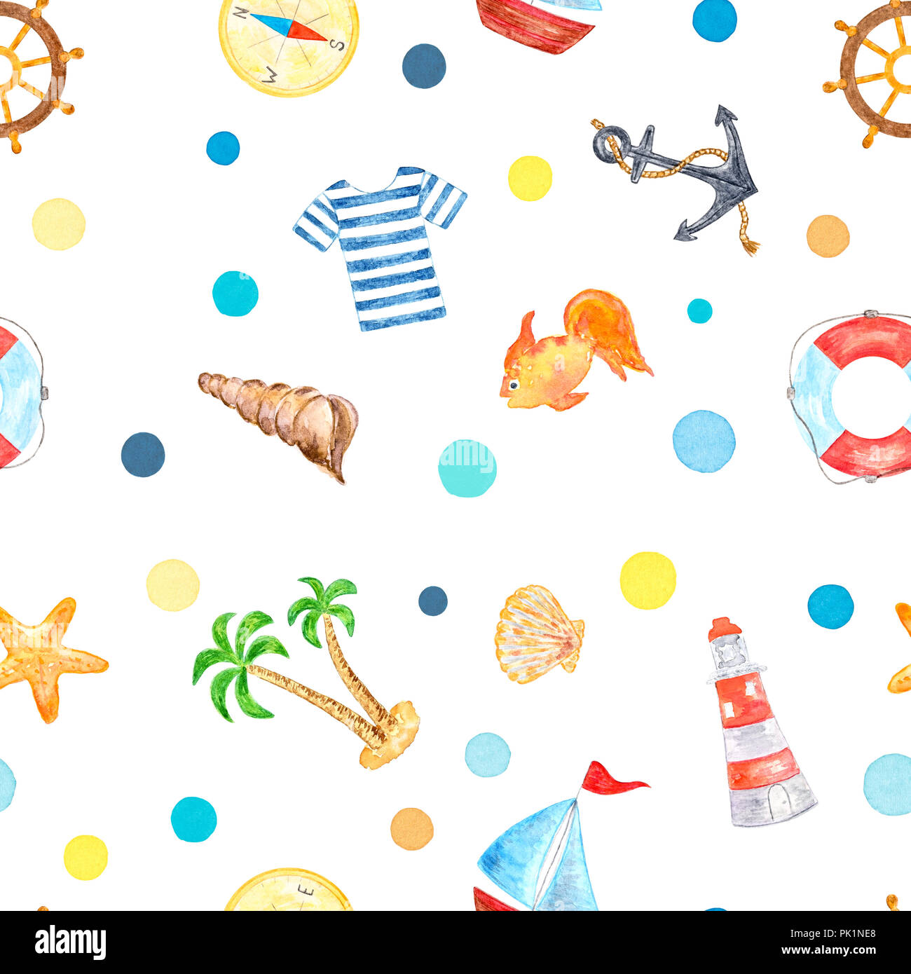 Satz von Meer Ferienhäuser Elemente, Aquarell gemalt und isoliert auf weißem Hintergrund, nahtlose Muster Stockfoto
