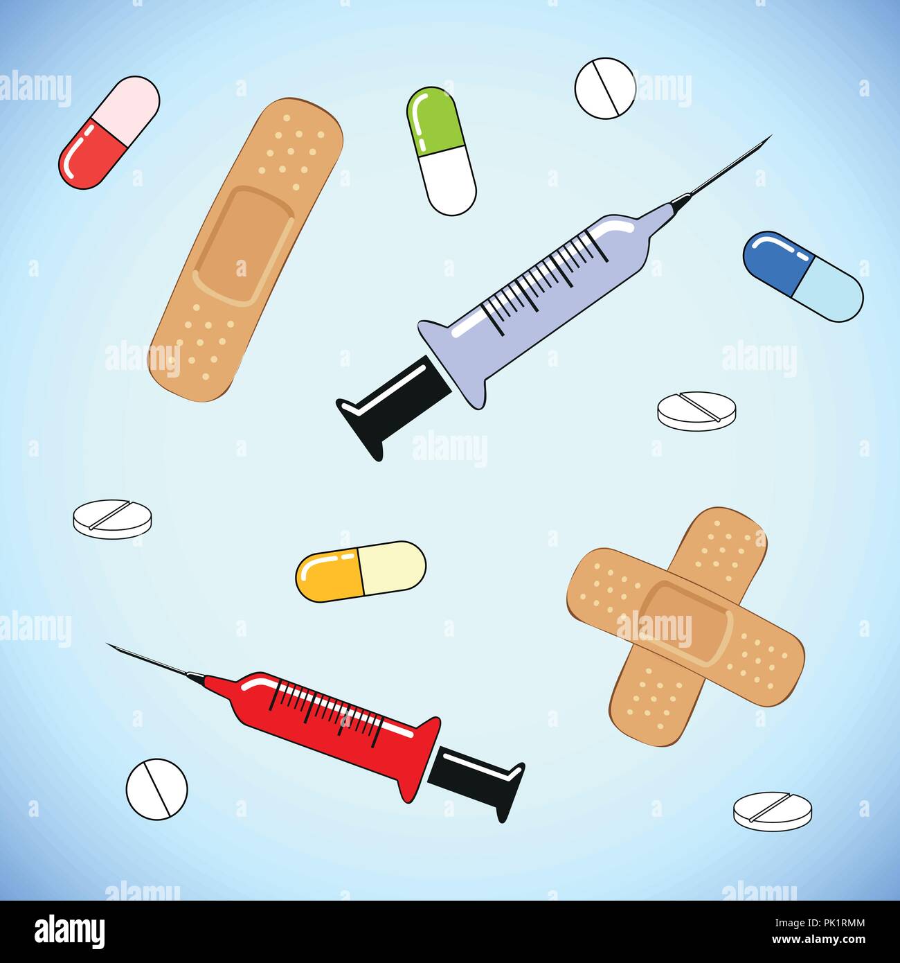 Satz von Pillen Injektionsspritze und Patch medizinischen Hintergrund Vector Illustration Stock Vektor