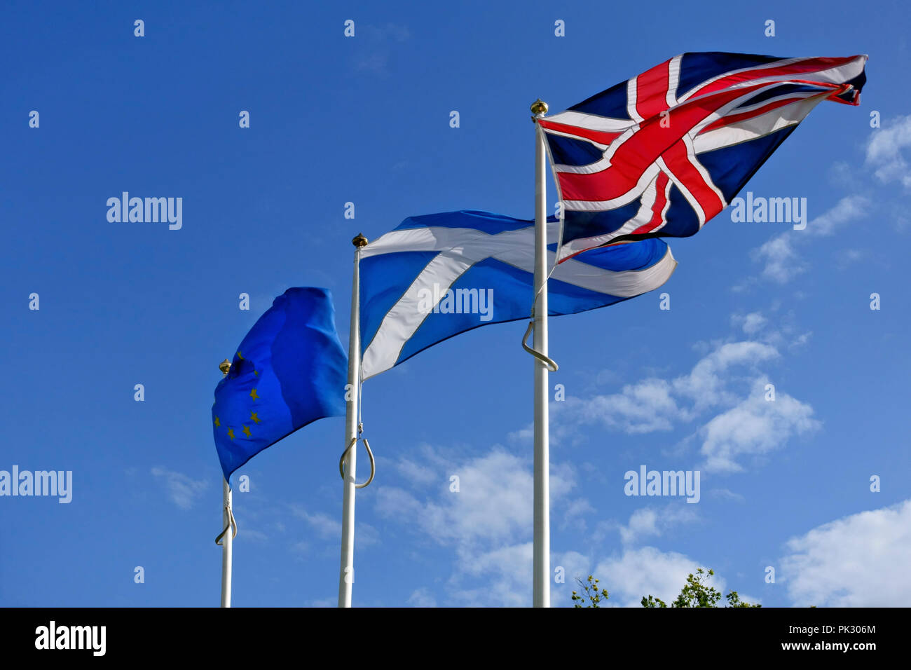 Union Jack, schottische Saltire und die Europäische Union Flaggen Stockfoto