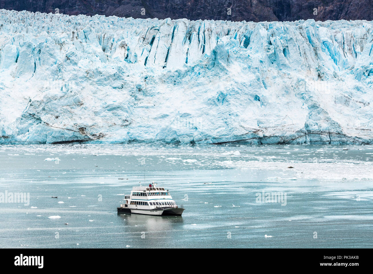 Die tour Boot Baranof Wind geben Touristen eine Nahaufnahme des gebrochenen Gesicht der Margerie Gletscher der Tarr Einlass des Glacier Bay, Alaska, USA Stockfoto