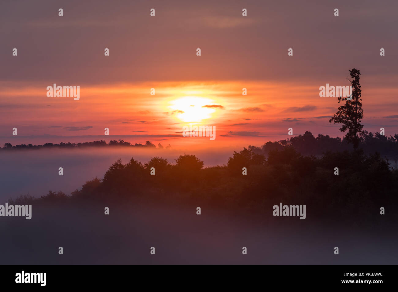 Die Morgensonne füllt den Himmel mit Farbe in dieser Szene aus ländlichen Appalachia. Stockfoto