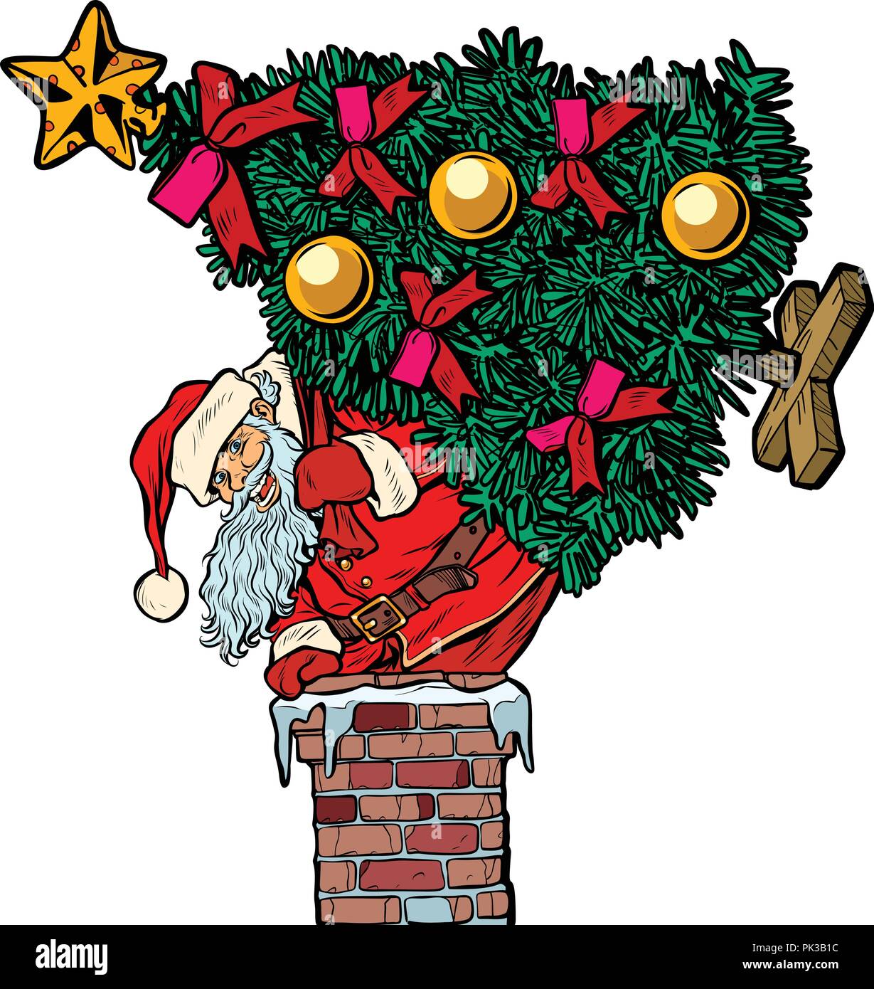 Santa Claus mit einem Weihnachtsbaum klettert der Schornstein. Isolieren Sie auf Stock Vektor
