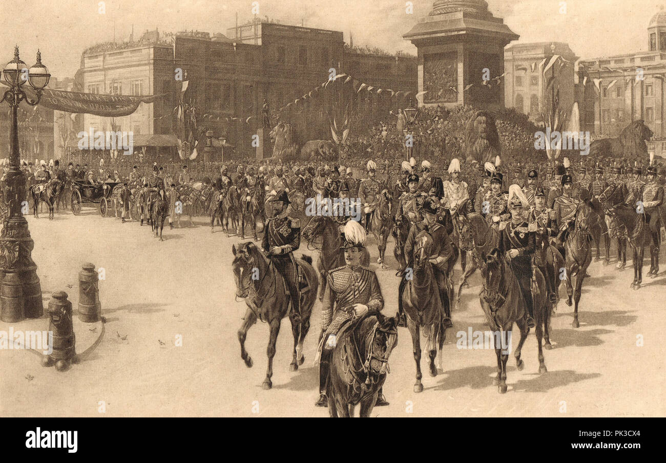 Die königliche Prozession vorbei Trafalgar Square auf der Queen Victoria Golden Jubilee, 21. Juni 1887 Stockfoto