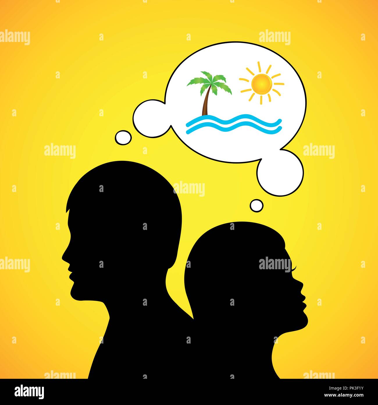 Mann und Frau silhouette Denken über Sommerurlaub am Strand Vektor-illustration EPS 10. Stock Vektor