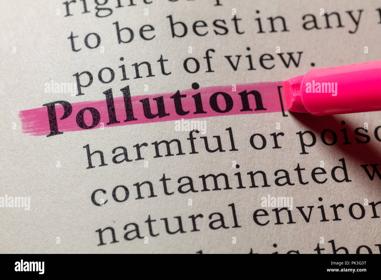 Fake Wörterbuch, Wörterbuch Definition des Wortes Umweltverschmutzung. Einschließlich der wichtigsten beschreibende Wörter. Stockfoto