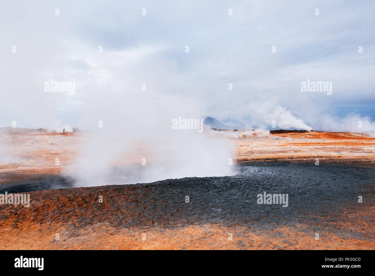 Namafjall - Geothermie Bereich im Feld von hverir. Landschaft, die Pools der kochenden Schlamm und heißen Quellen. Touristische und natürlichen Attraktionen in Island Stockfoto