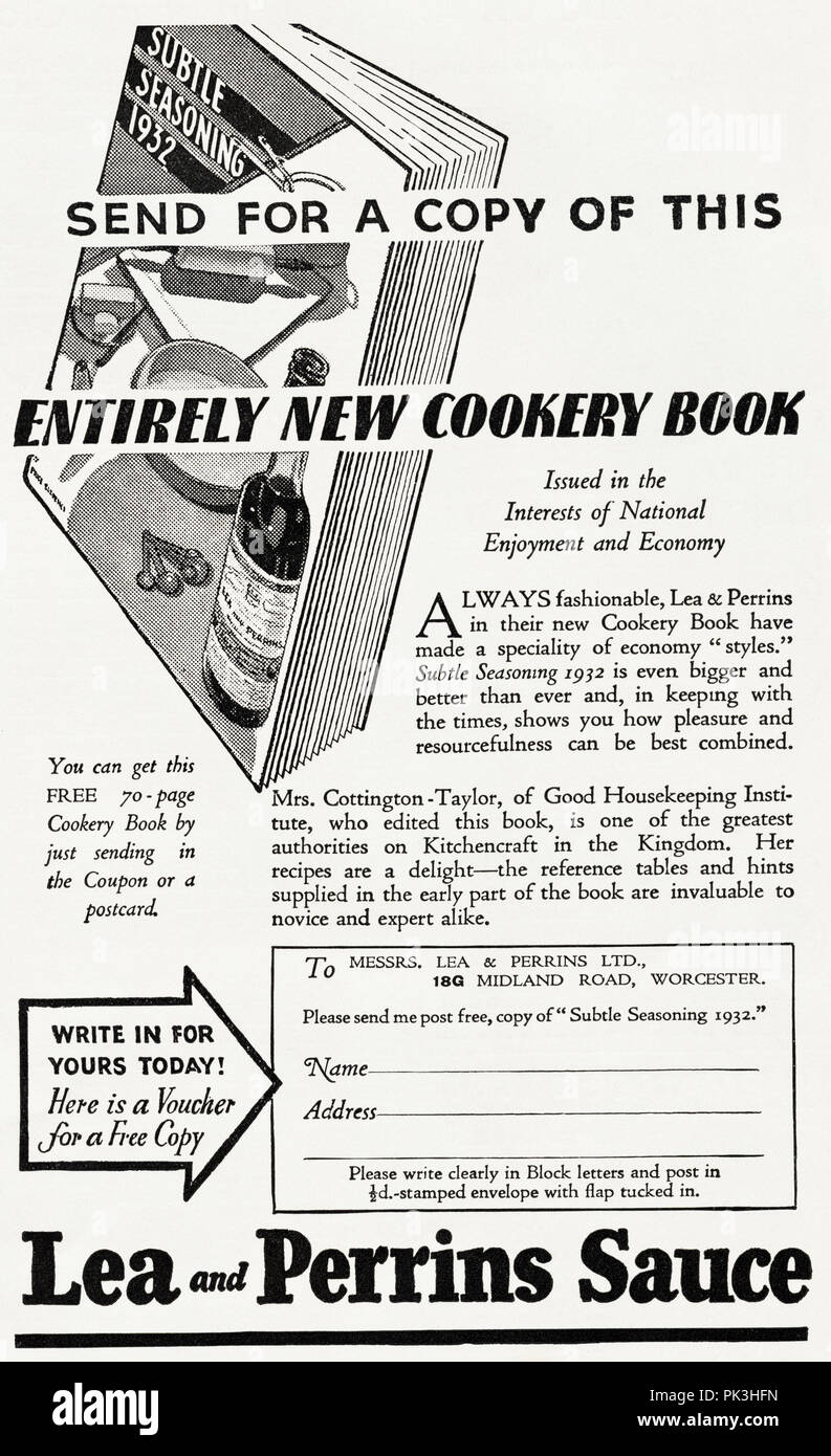 1930er Jahre alten Vintage original advert Werbung Lea und Perrins Sauce  neue Kochbuch in Deutsch Magazin ca. 1932 Stockfotografie - Alamy