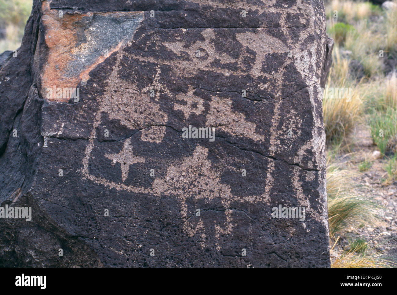 Felszeichnungen auf Basalt, Petroglyph National Monument, Albuquerque, New Mexico. Foto Stockfoto