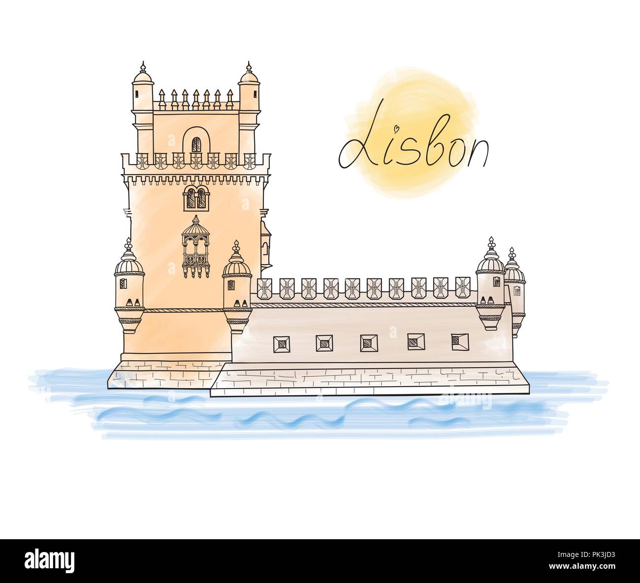 Lissabon Turm Wahrzeichen. Besuchen Sie Portugal Karte. Reisen anmelden Stock Vektor