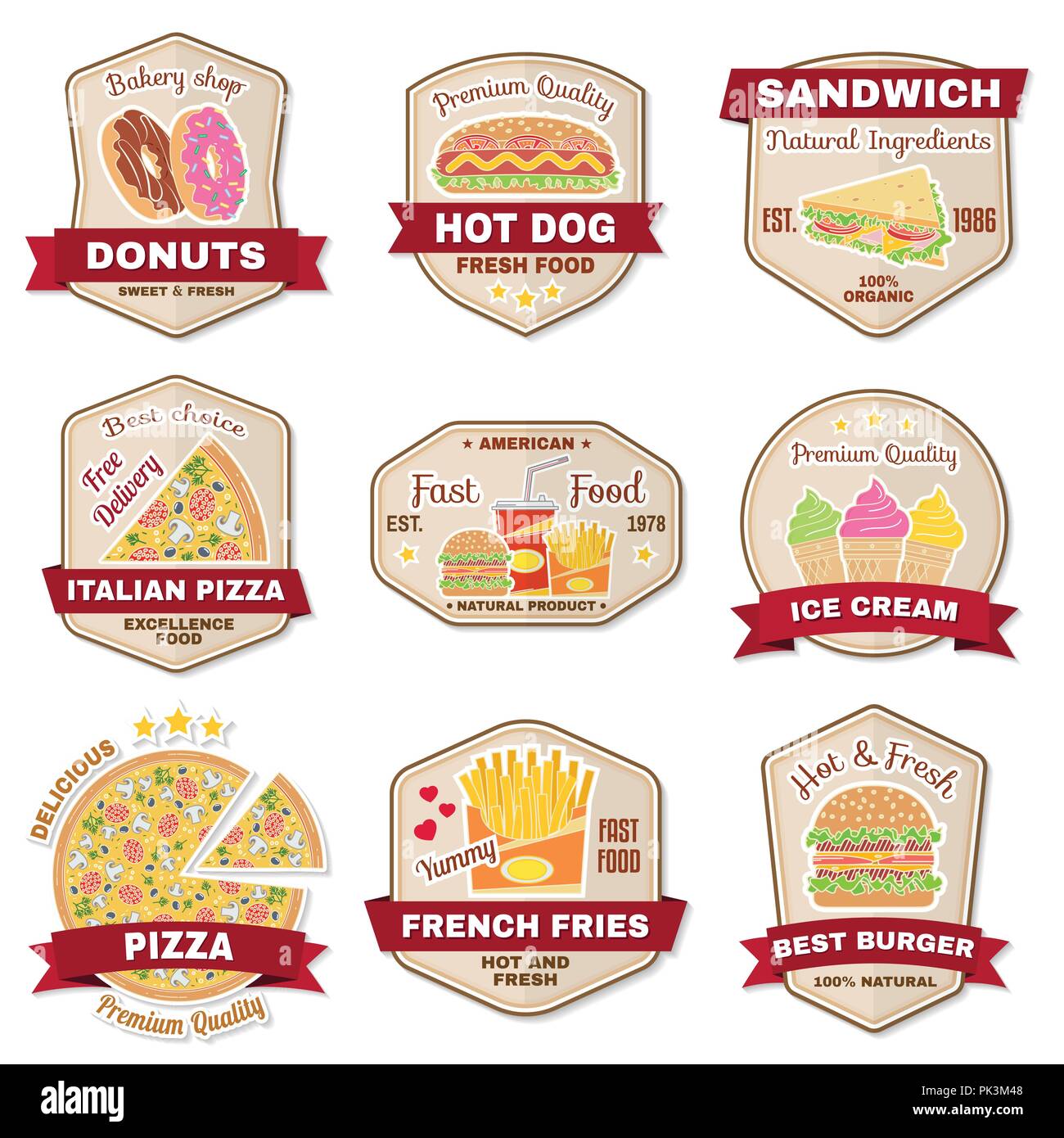 Vintage fast food Badge, Banner oder Logo Emblem. Elemente auf das Thema der Fast food business. Hamburger, Pizza, Donuts, Hot Dog, Eis, Cola, fr Stock Vektor