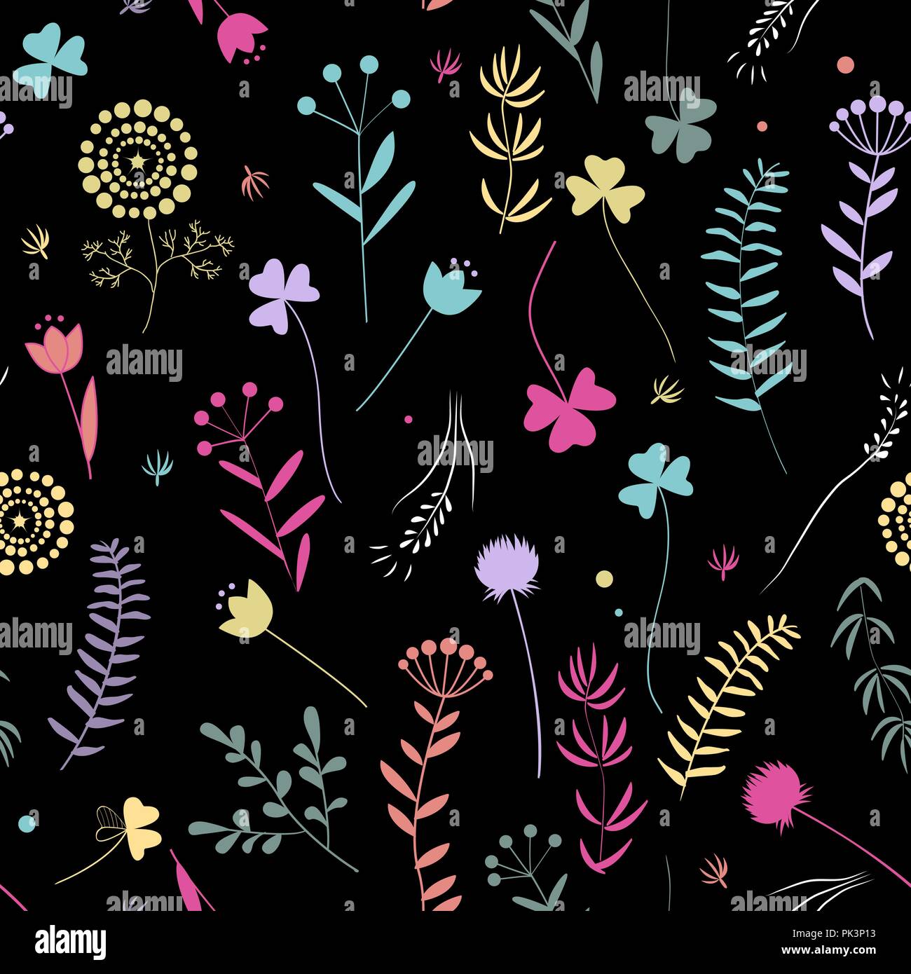 Nahtlose florales Muster mit Doodle Blätter und Kräuter. Vector Illustration. Cilorful Silhouetten auf weißem Hintergrund Stock Vektor