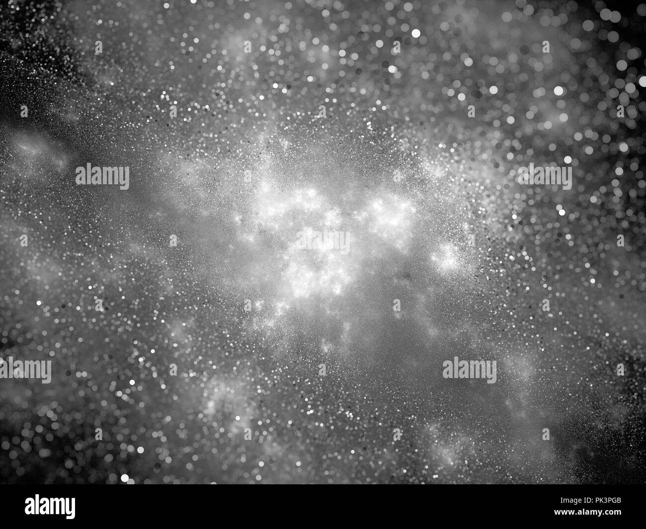 Leuchtende Nebel mit Partikeln, die Schwarz und Weiß, computer-generierte Zusammenfassung Hintergrund, 3D-Rendering Stockfoto