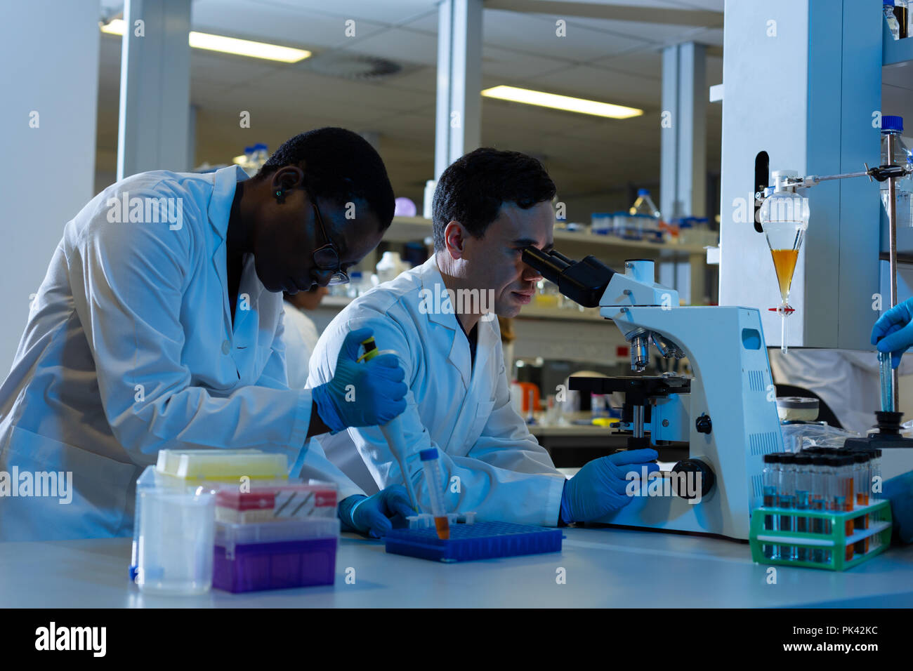 Männliche Wissenschaftler Experimentieren im Labor Stockfoto