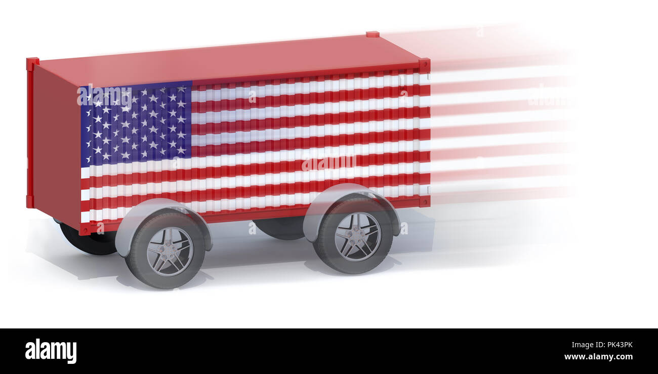 Amerikanische Flagge Shipping Container mit Rädern, 3D-Darstellung Stockfoto