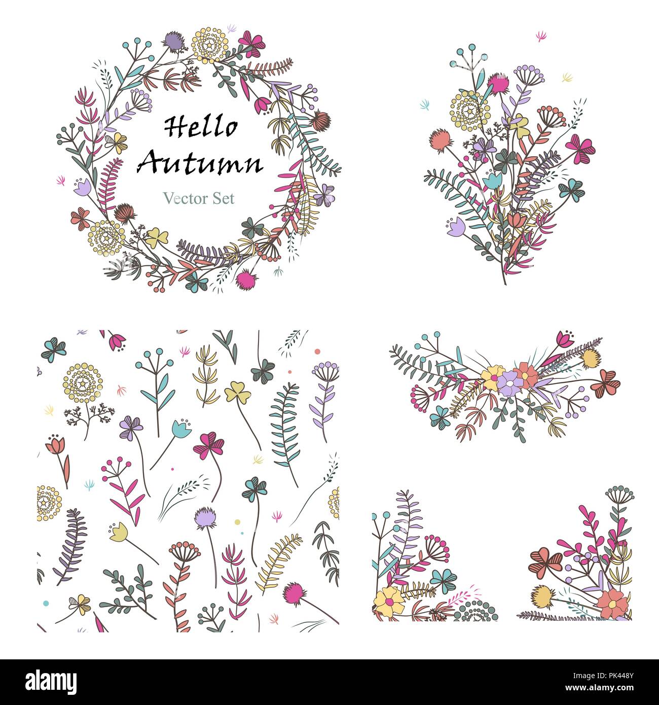 Vektor Doodle mit Hand gezeichnet Floral Design Elemente und nahtlose Muster. Boquet, Kranz, Ecken, und nahtlose Hintergrund mit Wiese Kräuter und Stock Vektor