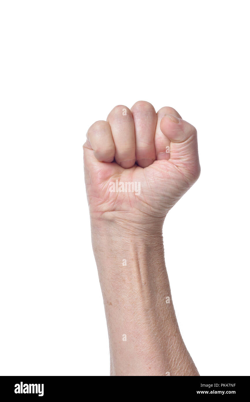 Weibliche hand mit einer geballten Faust auf weißem Hintergrund Stockfoto