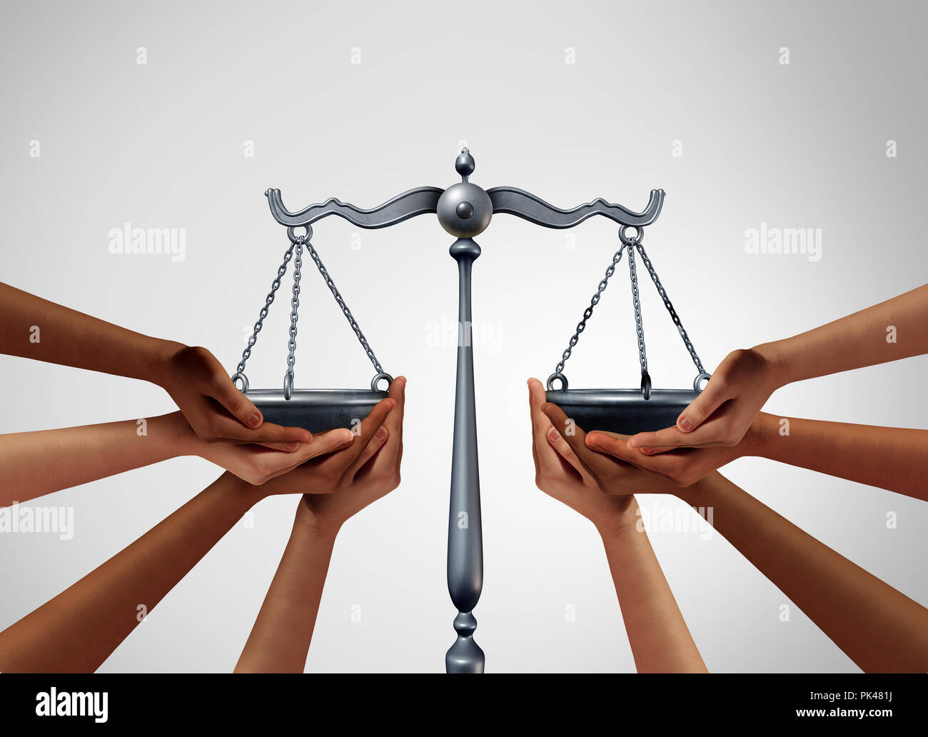 Soziale Gerechtigkeit und Gleichheit in der Gesellschaft als unterschiedliche Menschen Halten der Balance in einem rechtlichen Maßstab als Bevölkerung Rechtsvorschriften. Stockfoto