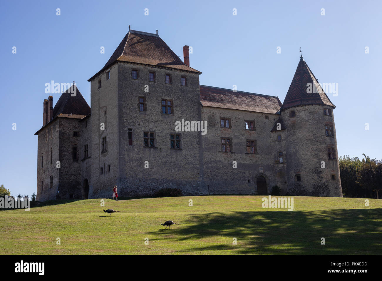 SEPTEME SCHLOSS, Frankreich - 9. SEPTEMBER 2018: Septeme Schloss mit seinem Besitzer und zwei Pfaue Stockfoto