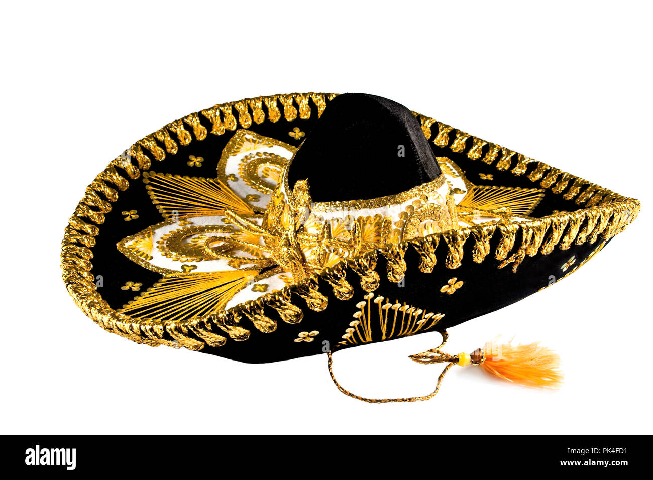 Schwarz mit Gold trim Mexican Hat auf weißem Hintergrund, Fancy Sombrero. Stockfoto