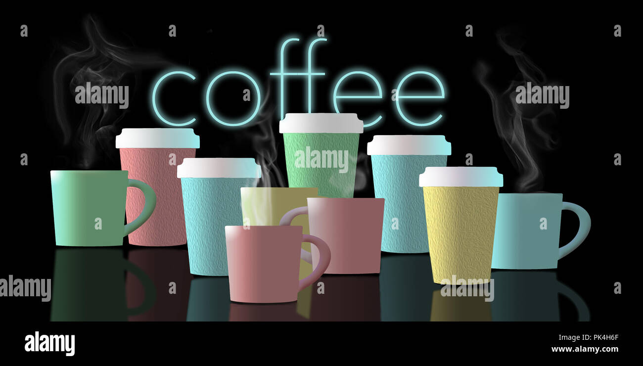 Kaffee, eine Tasse Kaffee, ist das Thema dieser Abbildung. Kaffeetassen  sind aufgereiht und in Pastellfarben mit einem Neon-Kaffeeschild  Stockfotografie - Alamy