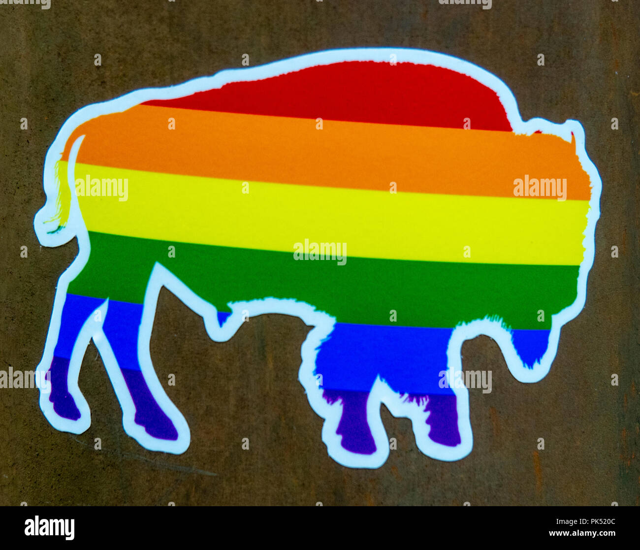 Ein Regenbogen bison Aufkleber auf eine Wand. Stockfoto