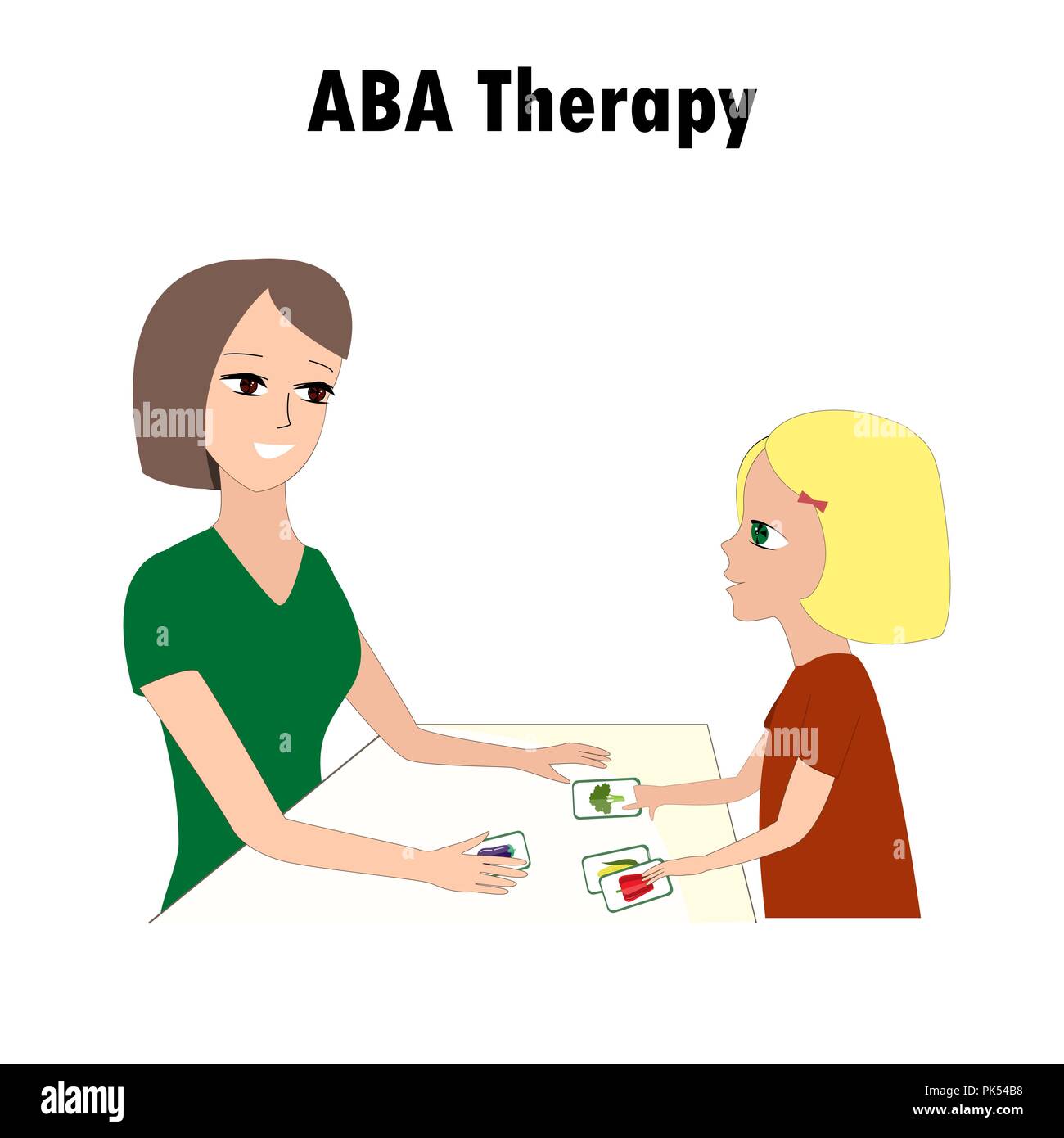 Frau und Mädchen zeigen ABA Aktivitäten Karten. Eine der Autismus Behandlung Methode. Kleines Zicklein und Ausbilder. Vector Illustration Stock Vektor