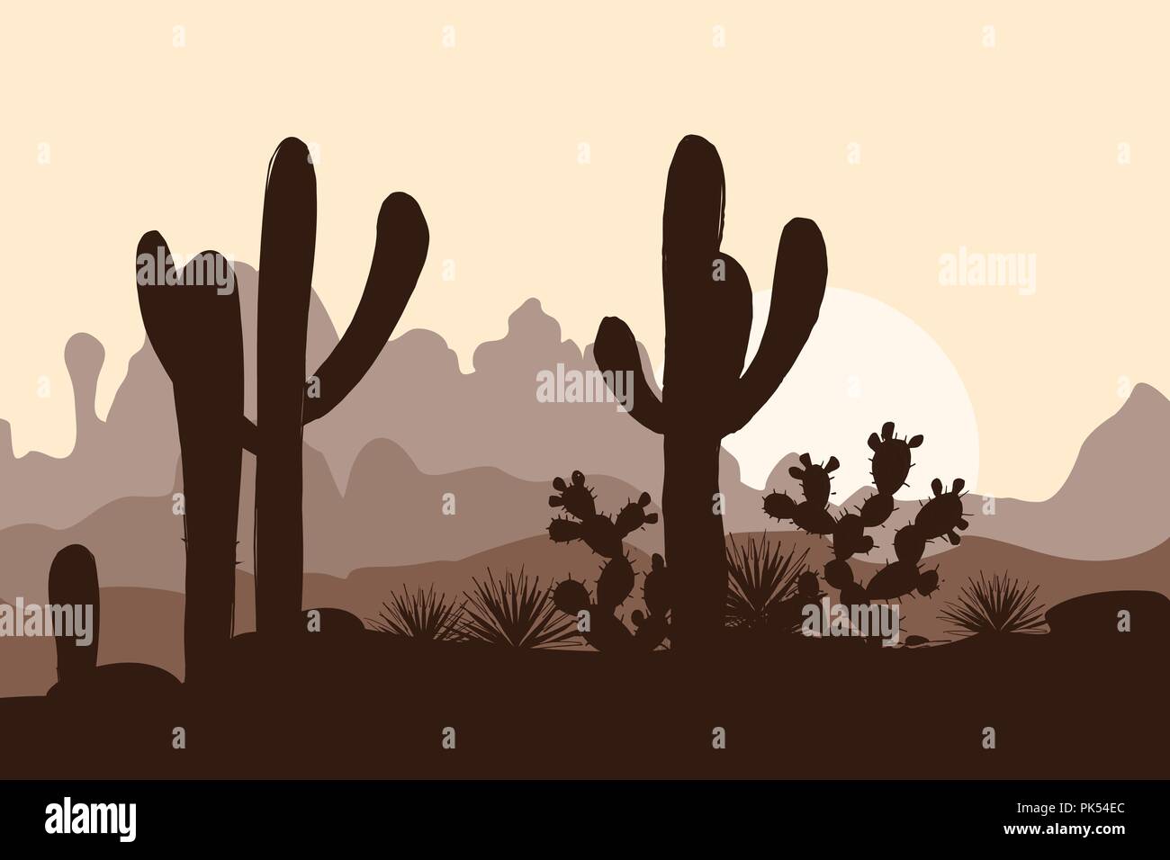 Morgen Landschaft mit niedlichen Saguaro Kakteen, Agaven und Feigenkakteen, in den Bergen. Vector Illustration. Cute braun Palette Stock Vektor