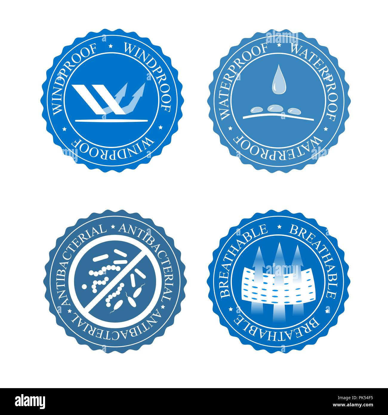 Vector Icons Set aus Stoff bietet. Winddicht, antibakteriell, wasserdicht und atmungsaktiv tragen Labels. Textilindustrie Piktogramm für Kleidung. Stock Vektor